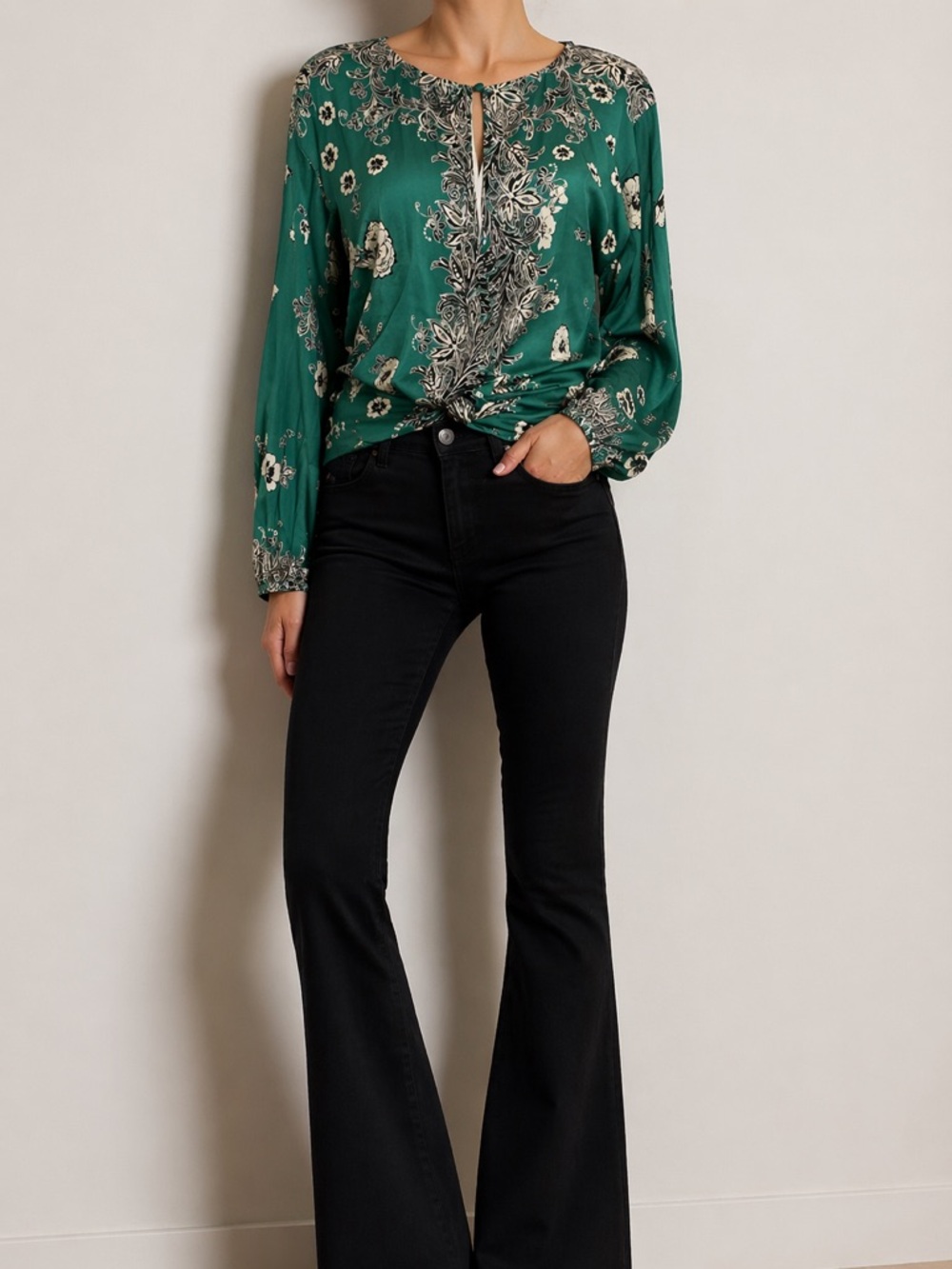 Free People Green Floral Keyhole Twist Blouse XS